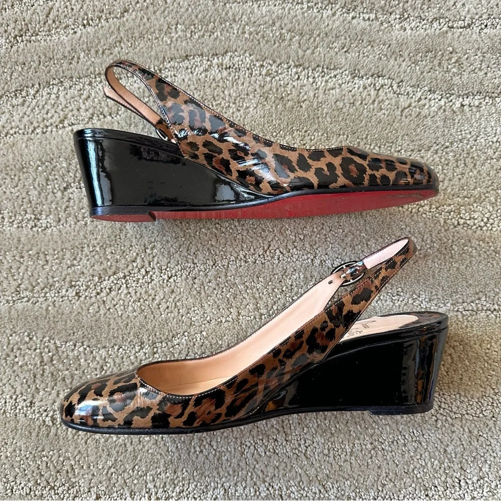Christian Louboutin Cynthia Brown Leopard Patent Wedge Slingback Sandals IT 37